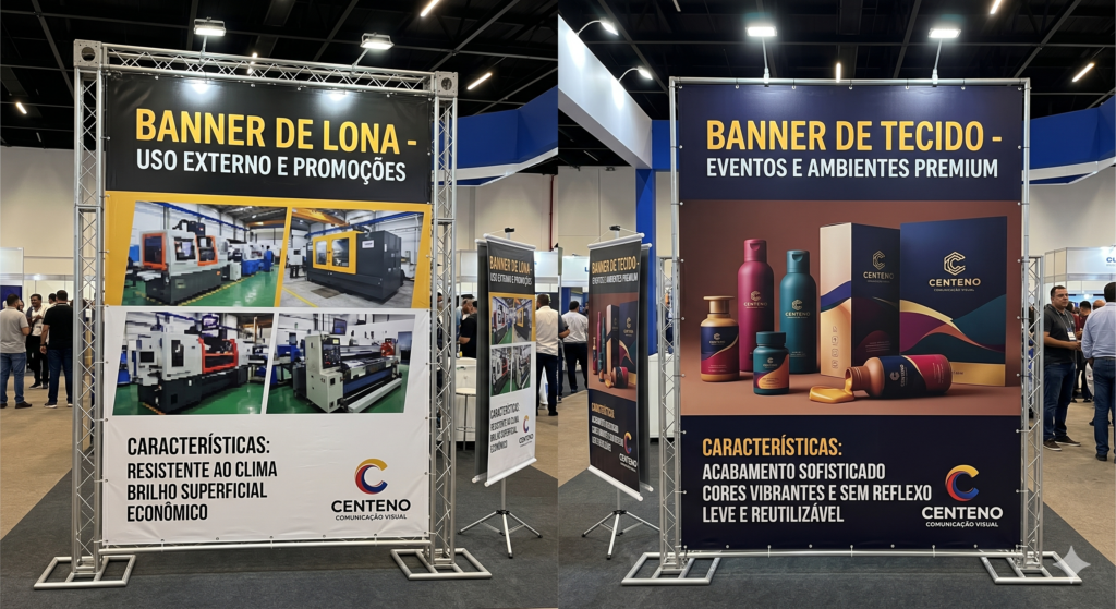 Dois grandes painéis informativos montados em estruturas metálicas de treliça (box truss) lado a lado em uma feira de eventos corporativos. O painel da esquerda exibe um "BANNER DE LONA - USO EXTERNO E PROMOÇÕES" com fotos de maquinário industrial e a lista de características: resistente ao clima, brilho superficial e econômico. O painel da direita exibe um "BANNER DE TECIDO - EVENTOS E AMBIENTES PREMIUM" com uma imagem promocional de cosméticos elegantes e as características: acabamento sofisticado, cores vibrantes e sem reflexo, leve e reutilizável. Ambos os banners contam com dois modelos menores em formato roll-up ao lado e trazem o logotipo colorido da Centeno Comunicação Visual no canto inferior direito.