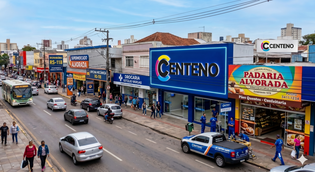 Foto de uma rua comercial movimentada em Alvorada, com destaque para a fachada moderna da Centeno Comunicação Visual em ACM azul escuro e luminoso LED. A fachada exibe o novo logotipo da marca com círculos nas cores CMYK (ciano, magenta e amarelo) e o texto "CENTENO COMUNICAÇÃO VISUAL". Na rua, há pedestres, carros em movimento, um ônibus e uma caminhonete de serviço da empresa adesivada com o mesmo logotipo. Ao lado, aparecem outros comércios locais como a Drogaria Getúlio Vargas e a Padaria Alvorada.