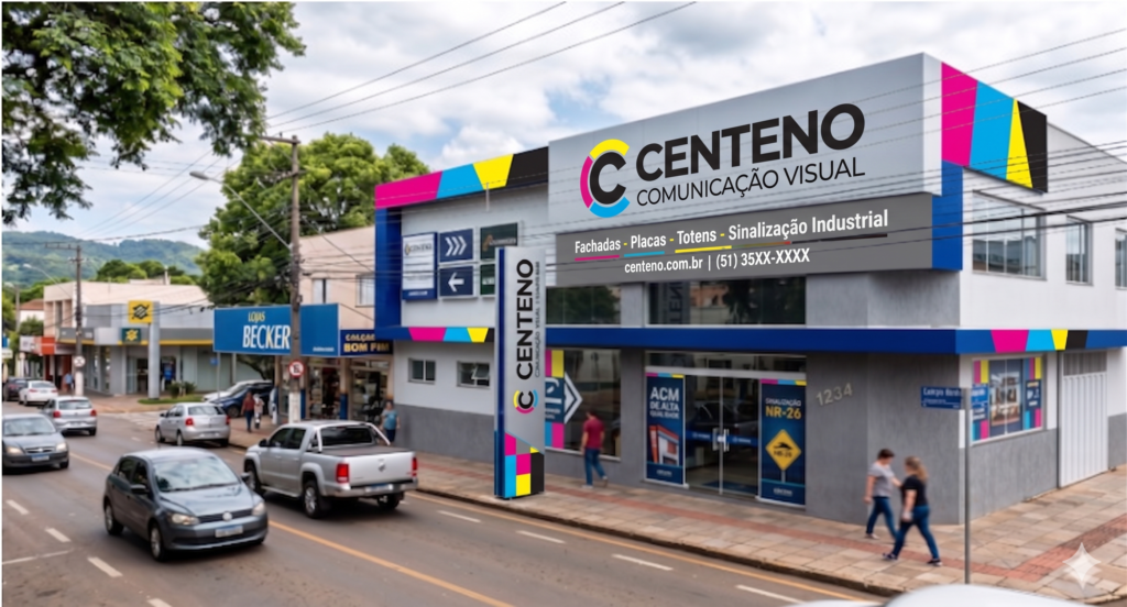 Vista em perspectiva da fachada de esquina de um edifício comercial de dois andares da Centeno Comunicação Visual em Campo Bom. A estrutura exibe placas de ACM cinza e acabamentos com faixas geométricas nas cores amarelo, magenta e ciano. Na testeira principal, destaca-se o logotipo original redondo (com os arcos coloridos envolvendo a letra C preta) seguido pelo texto "CENTENO COMUNICAÇÃO VISUAL". Abaixo, uma placa cinza escuro lista os serviços "Fachadas, Placas, Totens, Sinalização Industrial", o endereço eletrônico e o telefone. Na calçada, há um totem vertical azul e cinza com a mesma identidade visual, e carros circulam pela rua ao fundo.