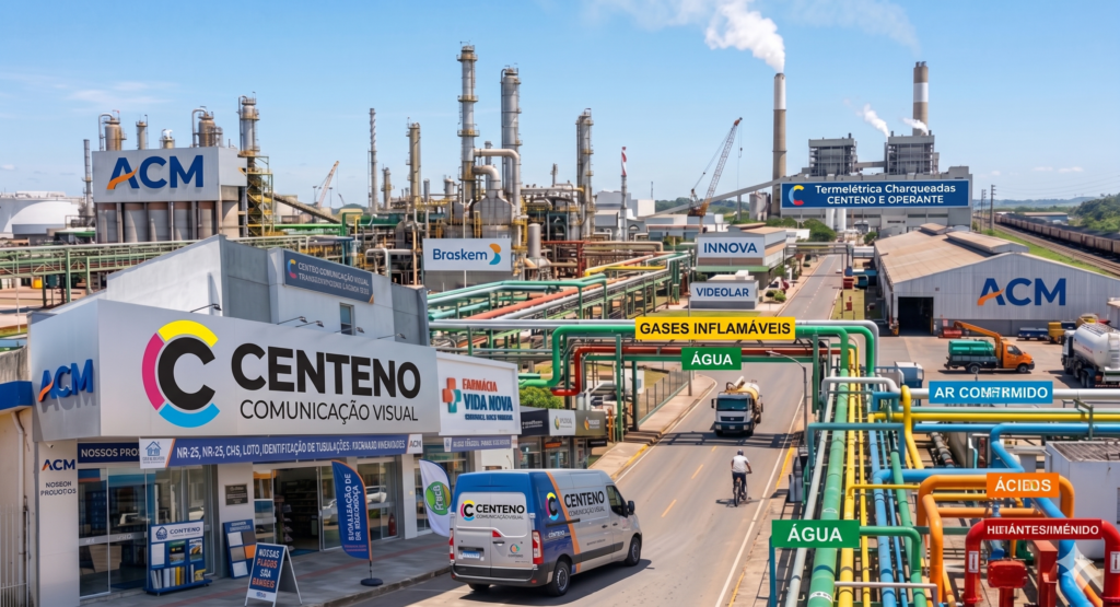Fachada da empresa Centeno Comunicação Visual em primeiro plano, exibindo o novo logotipo redondo com arcos nas cores amarelo, magenta e ciano em torno da letra C preta. Ao fundo, uma ampla vista panorâmica do Polo Petroquímico de Triunfo e do complexo industrial de Charqueadas, com tubulações coloridas identificadas por tipo de fluido (água, gases inflamáveis, ácidos, ar comprimido) conforme as normas técnicas.