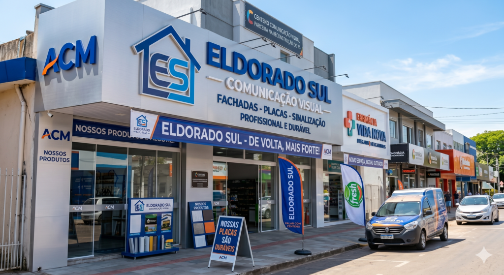 Fachada comercial moderna em ACM prata e azul na cidade de Eldorado do Sul, exibindo um grande letreiro tridimensional azul escrito "Eldorado Sul Comunicação Visual" com um logotipo de casa contendo as letras "ES". Na testeira, há uma faixa com a frase "Eldorado Sul - De volta, mais forte!". Em frente ao estabelecimento, na calçada, aparecem cavaletes promocionais, bandeiras do tipo banner e um veículo furgão utilitário adesivado estacionado na rua, com outras lojas comerciais ao fundo sob um céu claro.