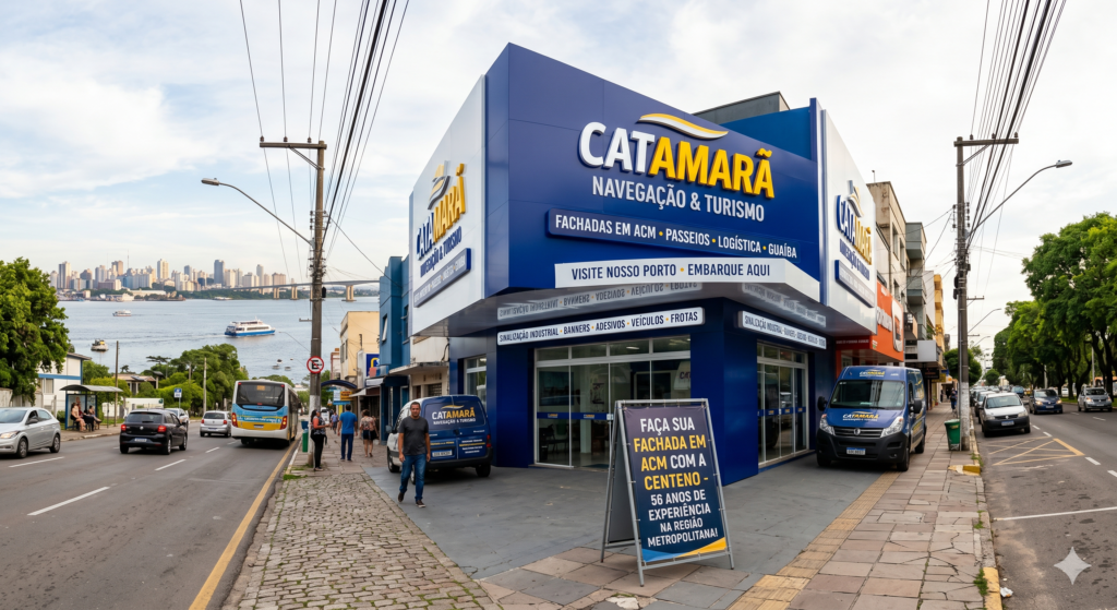 Fachada comercial moderna em ACM azul e branco da empresa Catamarã Navegação & Turismo em uma esquina de Guaíba. Ao fundo, cruzando o lago, avista-se o horizonte urbano e os prédios de Porto Alegre. Na calçada, há uma placa cavalete promocional da Centeno Comunicação Visual.