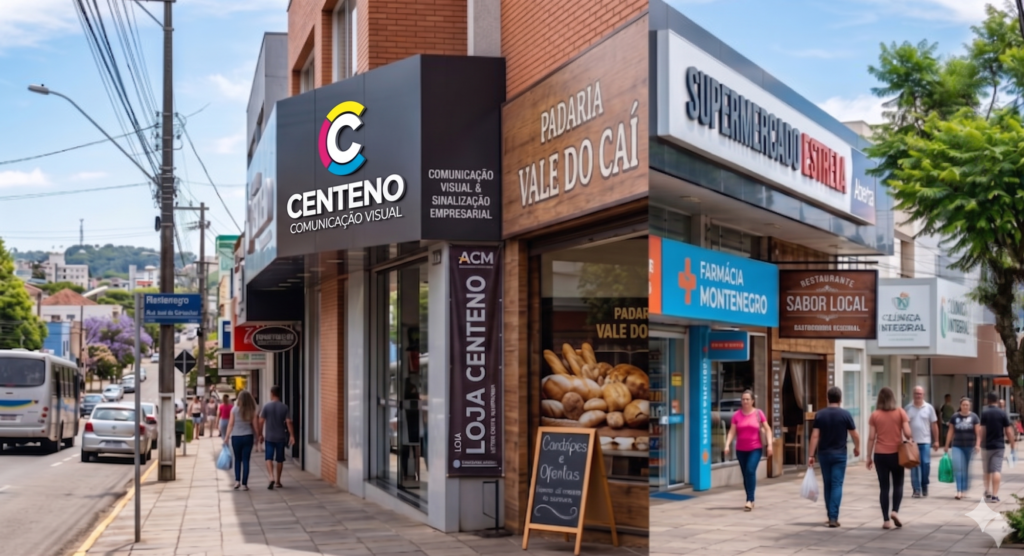 Vista dividida em duas perspectivas de uma movimentada calçada comercial em Montenegro. À esquerda, destaca-se a loja da Centeno Comunicação Visual com uma moderna fachada em ACM preto, exibindo o letreiro em relevo branco "CENTENO COMUNICAÇÃO VISUAL" ao lado do logotipo original redondo com arcos nas cores amarelo, magenta e ciano. Um banner vertical preso à coluna exibe o texto "LOJA CENTENO". À direita, a calçada continua mostrando pedestres caminhando em frente a estabelecimentos sequenciais, como a "Padaria Vale do Caí" com fachada imitando madeira, a "Farmácia Montenegro" com painel azul, o restaurante "Sabor Local" e a "Clínica Integral" ao fundo, sob um céu parcialmente ensolarado.