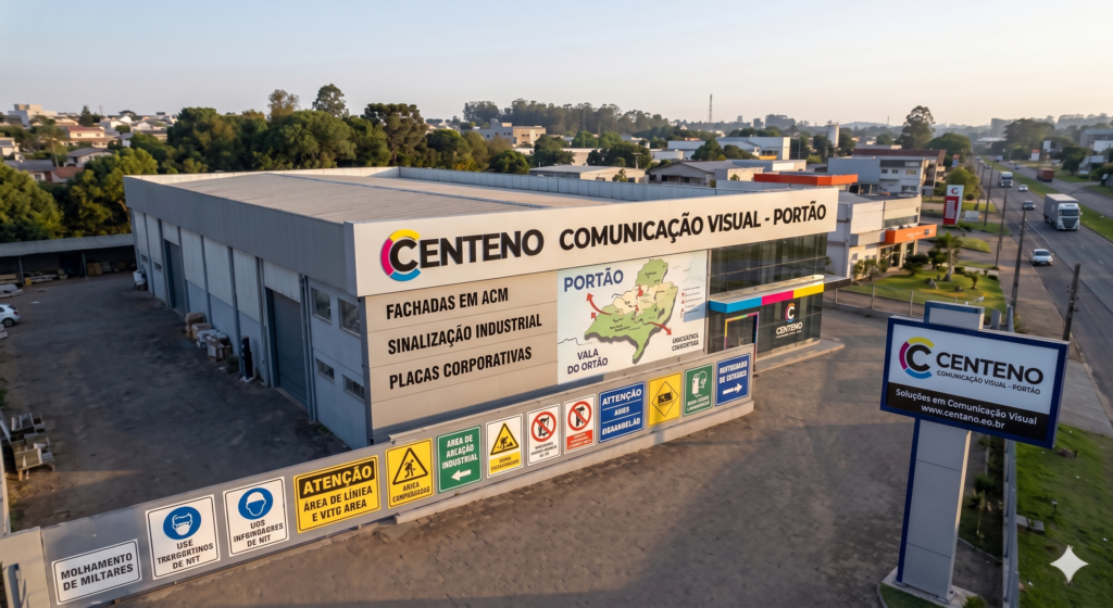 Vista aérea oblíqua de um grande galpão industrial da Centeno Comunicação Visual na cidade de Portão. A fachada exibe um letreiro em relevo com o logotipo original redondo (arcos em amarelo, magenta e ciano envolvendo a letra C preta) seguido pelo texto "CENTENO COMUNICAÇÃO VISUAL - PORTÃO". Abaixo do letreiro principal, estão listados os serviços: "FACHADAS EM ACM", "SINALIZAÇÃO INDUSTRIAL" e "PLACAS CORPORATIVAS", ao lado de uma ilustração do mapa do Rio Grande do Sul destacando a região do Vale do Sinos. No muro frontal e no totem vertical à direita, há diversas placas de sinalização de segurança coloridas e o logotipo atualizado da empresa.