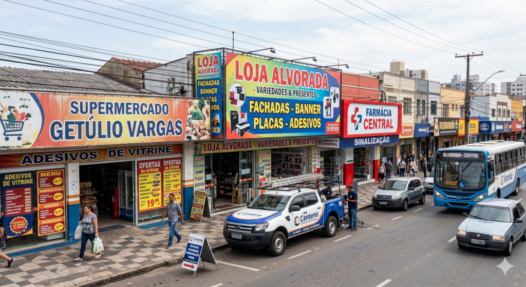 Fachada comercial do Supermercado Getúlio Vargas, Loja Alvorada e Farmácia Central em uma avenida movimentada. Em frente, há um veículo de serviço da Centeno Comunicação Visual estacionado e um ônibus urbano azul circulando.