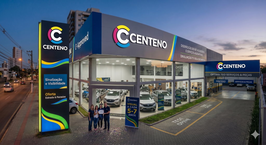 Fachada noturna de uma concessionária de veículos iluminada. Na estrutura principal e no totem vertical à esquerda, destaca-se o novo logotipo da marca Centeno, composto pela letra "C" estilizada em formato de semicírculo nas cores amarelo, rosa-magenta e azul ciano, seguido pelo nome "CENTENO" em letras brancas tridimensionais. O showroom possui amplas vidraças que revelam carros em exposição, e à direita há uma área de serviços e peças com indicações de "Test Drive" marcadas no chão.