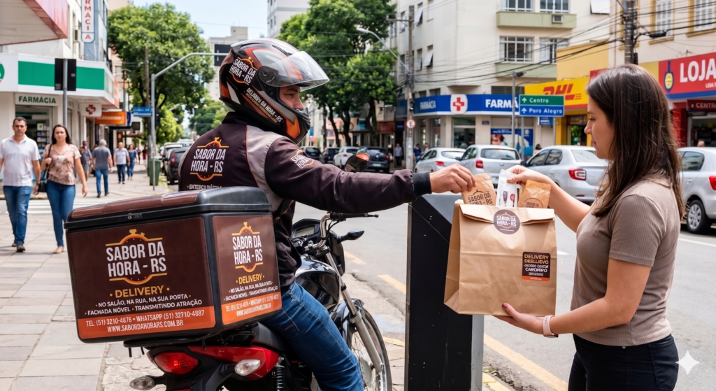 Entregador de delivery montado em uma motocicleta na beira da calçada, entregando uma sacola de papel kraft para uma cliente. O entregador veste jaqueta marrom e preta com o logotipo "SABOR DA HORA - RS" nas costas. A caixa térmica (bag) acoplada à moto também é marrom e exibe de forma destacada a marca "SABOR DA HORA - RS - DELIVERY" acompanhada de informações de contato e o slogan "Sem salão, na rua, na sua porta". A cliente segura a sacola, que possui um adesivo redondo de lacre personalizado com a marca. A cena ocorre em uma rua movimentada de uma cidade, com carros estacionados, calçada de pedestres e comércios ao fundo.