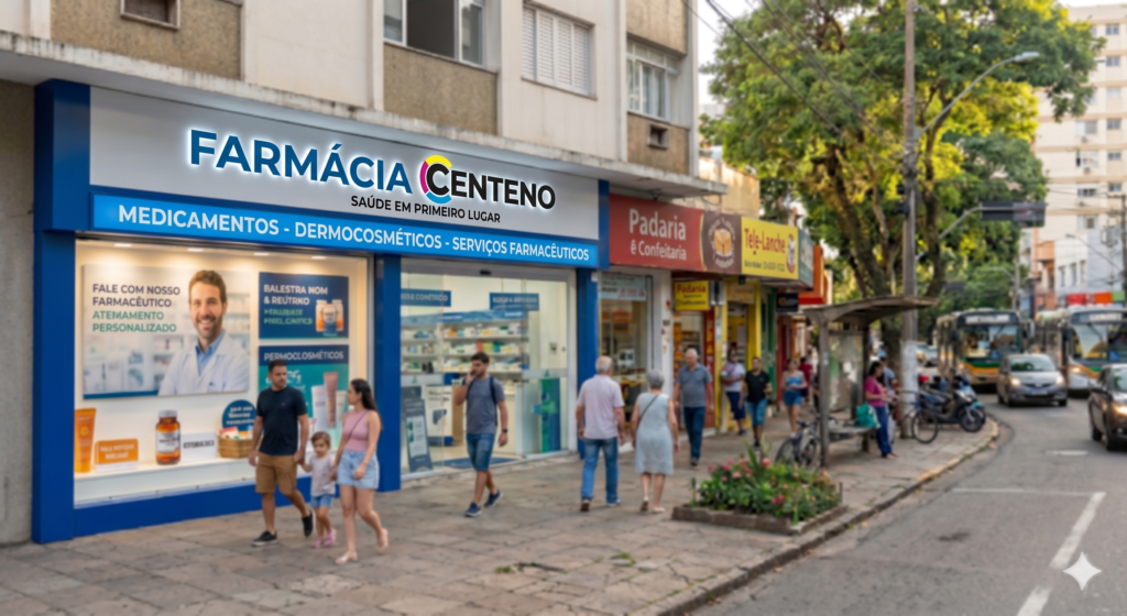 Fachada da Farmácia Centeno em uma rua movimentada, destacando um painel moderno em ACM cinza e azul com o letreiro luminoso "FARMÁCIA CENTENO". O nome "CENTENO" incorpora o novo logotipo da marca com um arco circular dividido nas cores magenta, amarelo e ciano. Na vitrine, há um painel com a foto de um farmacêutico sorrindo e banners de serviços. Pessoas caminham pela calçada em frente ao estabelecimento.