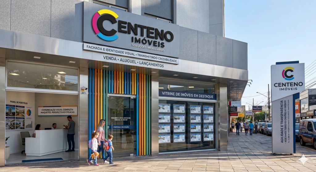 Fachada moderna da imobiliária Centeno Imóveis com letreiro iluminado exibindo o novo logotipo com círculos nas cores ciano, magenta e amarelo. À direita, há um totem vertical com a mesma identidade visual e a inscrição "Agilidade e Transparência". Ao fundo, vitrine com anúncios de imóveis e pessoas caminhando na calçada.