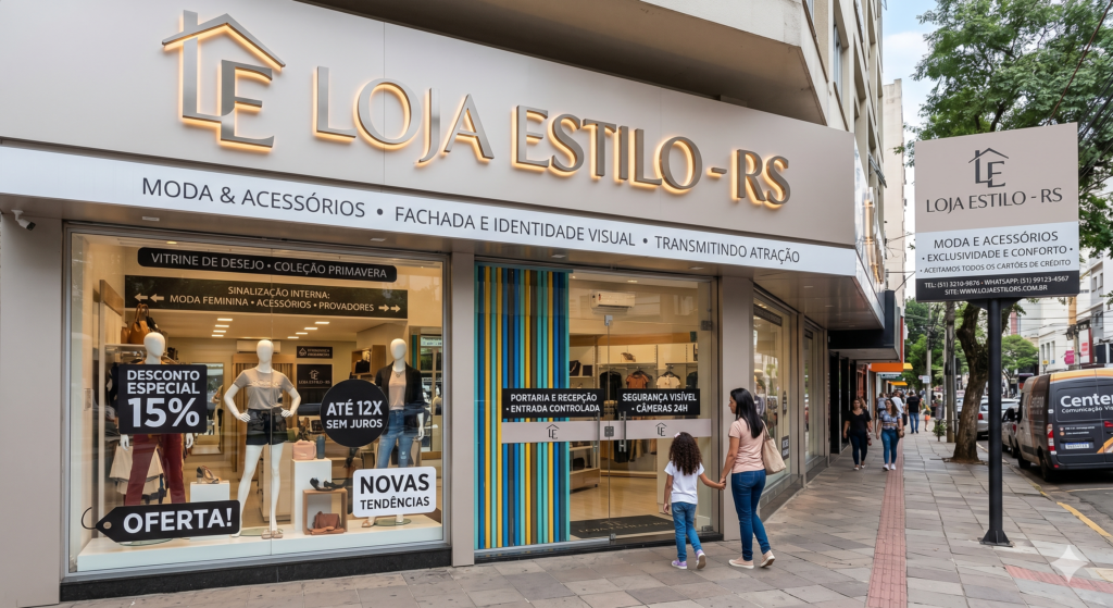 Fachada de uma loja de roupas de rua chamada "LOJA ESTILO - RS", com fachada clean e sofisticada. A imagem mostra a vitrine iluminada com manequins de looks completos e diversos adesivos promocionais e informativos. Um letreiro grande em acrílico dourado está acima da entrada e uma placa lateral projeta-se sobre a calçada. Na calçada, uma mulher e uma criança andam em direção à entrada. A cena se passa em uma rua de cidade com prédios e árvores.