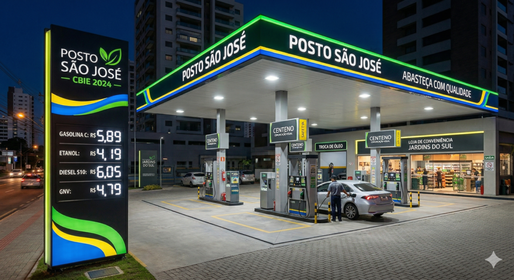 Fotografia noturna da fachada iluminada do "Posto São José". À esquerda, destaca-se um grande totem vertical preto com letreiro luminoso branco e um painel digital em LED exibindo os preços dos combustíveis (Gasolina C, Etanol, Diesel S10 e GNV). Ao centro, a cobertura da pista de abastecimento possui iluminação perimetral em LED verde e traz o nome do posto em letras caixa brancas. Sob a cobertura, há três ilhas de bombas de combustível com placas da marca Centeno Comunicação Visual, onde um frentista atende um carro prata. Ao fundo, à direita, fica a loja de conveniência iluminada chamada "Jardins do Sul".