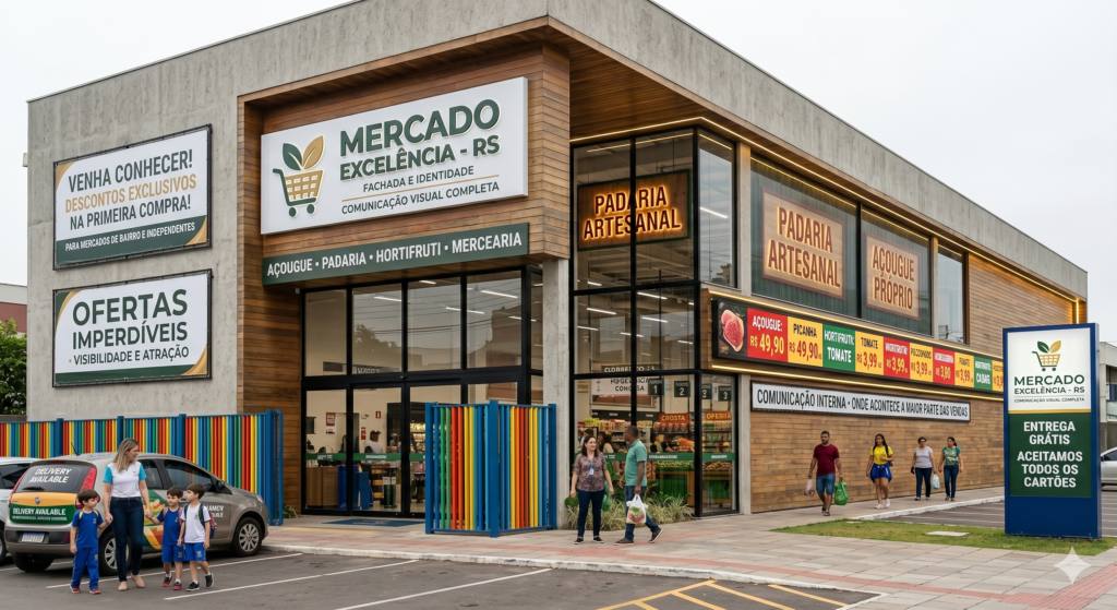 Fachada moderna de dois andares do "Mercado Excelência - RS" em um dia nublado. A estrutura combina concreto exposto, grandes painéis de vidro e revestimento de madeira quente. O letreiro principal luminoso no topo exibe o nome e o logotipo (carrinho com folha verde), com os textos "FACHADA E IDENTIDADE" e "COMUNICAÇÃO VISUAL COMPLETA" logo abaixo. Na lateral esquerda, dois grandes painéis de lona trazem as mensagens "VENHA CONHECER! DESCONTOS EXCLUSIVOS NA PRIMEIRA COMPRA!" e "OFERTAS IMPERDÍVEIS - VISIBILIDADE E ATRAÇÃO". Uma faixa acima da entrada lista as seções: "AÇOUGUE • PADARIA • HORTIFRUTI • MERCEARIA". A vitrine lateral do segundo andar possui letreiros embutidos em neon quente para "PADARIA ARTESANAL" e "AÇOUGUE PRÓPRIO", além de uma tela digital exibindo preços de ofertas. Na calçada, há um totem independente azul com o logotipo, "ENTREGA GRÁTIS" e "ACEITAMOS TODOS OS CARTÕES". Pessoas caminham em frente à entrada e um carro está estacionado à esquerda.