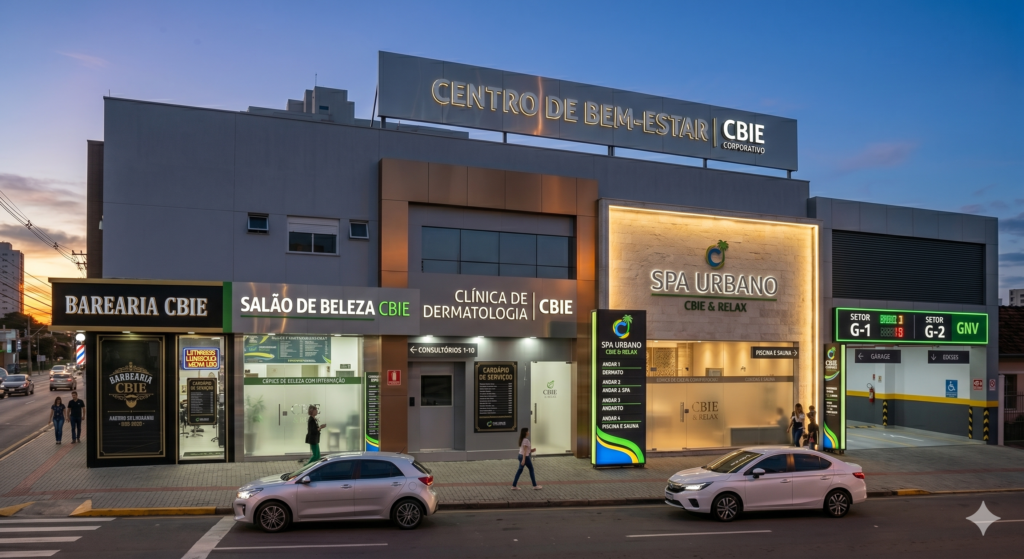 Uma foto aérea em close-up de um complexo de beleza à noite, com foco na Barbearia CBIE e no Salão de Beleza CBIE. A fachada da barbearia apresenta um letreiro preto com um logo clássico de estilo vintage e janelas jateadas. O salão de beleza ao lado tem um letreiro mais moderno, unissex, e uma vitrine com adesivos de serviço e iluminação quente. Letreiros em neon LED podem ser vistos.