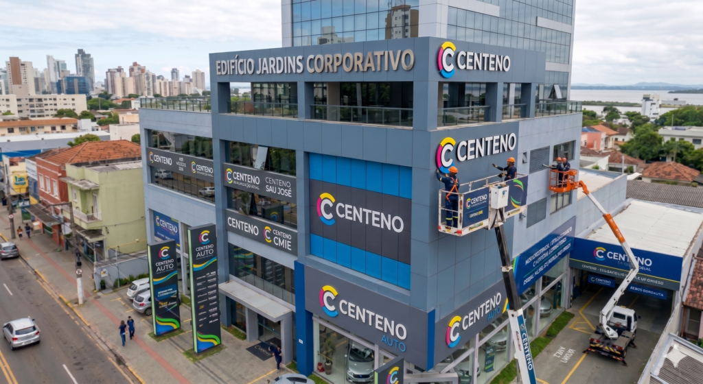 Foto aérea de um prédio comercial de múltiplos andares com uma fachada moderna e envidraçada. No topo da fachada, lê-se o nome "EDIFÍCIO JARDINS CORPORATIVO". Abaixo, em um painel azul e cinza, está o logotipo da empresa "CENTENO" e o texto "CENTENO AUTO". Na rua em frente ao prédio, há um totem vertical com a lista das empresas do prédio e seus logotipos. Um guindaste de plataforma está estacionado na calçada, e trabalhadores estão instalando o letreiro da empresa "CENTENO" na fachada superior. Carros e pedestres circulam pela rua. O fundo mostra a cidade de Porto Alegre com vista para o rio Guaíba.