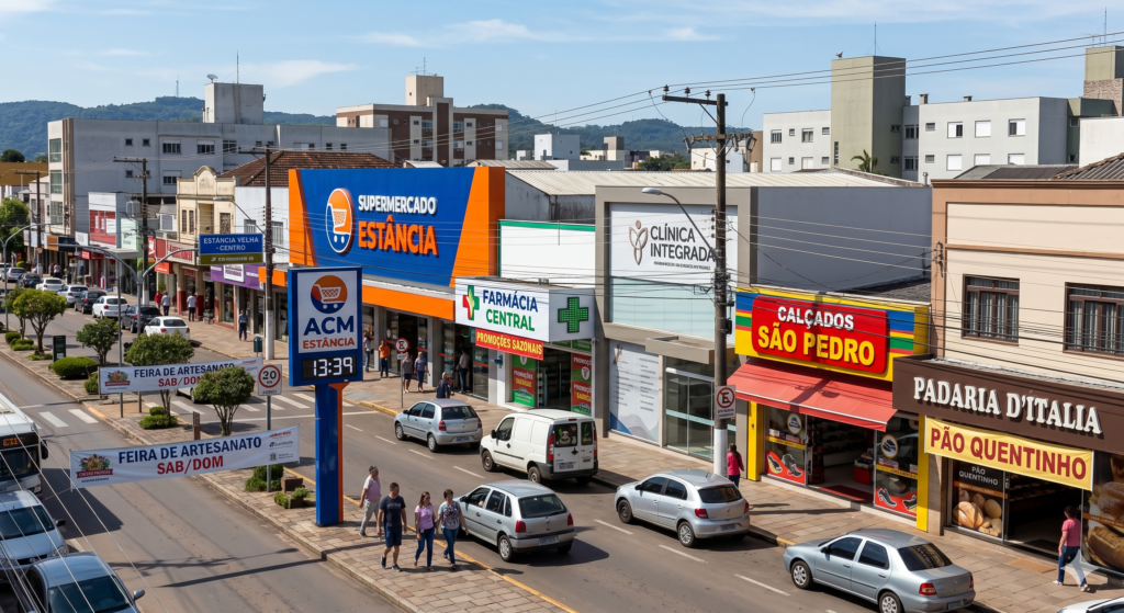 Vista aérea de uma movimentada avenida comercial em Estância Velha, mostrando pedestres caminhando e carros circulando na via. Em destaque, fachadas revitalizadas de diferentes estabelecimentos comerciais em sequência: "Supermercado Estância" com painel em ACM azul e laranja, acompanhado por um totem vertical digital à beira da calçada; "Farmácia Central" com detalhes em verde e branco; "Clínica Integrada" com arquitetura moderna em tons claros; a tradicional loja "Calçados São Pedro" com fachada vermelha e amarela; e a "Padaria D'Italia" com toldo marrom. Ao fundo, prédios residenciais e morros cobertos por vegetação sob um céu limpo.