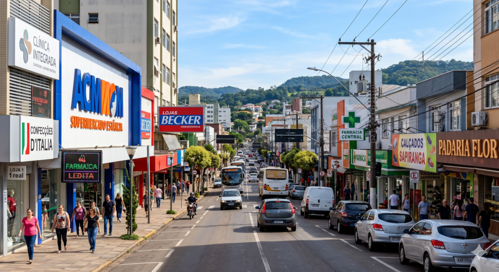 Vista em perspectiva de uma movimentada avenida comercial no centro de Sapiranga, com fluxo de pedestres na calçada, além de carros e ônibus na pista. À esquerda, destacam-se as fachadas modernas da "Clínica Integrada", "Confecções D'Italia" e um grande painel em ACM azul do "Supermercado Estância" com painel eletrônico de LED escrito "Farmácia Ledita". Ao longo do lado direito da via, aparecem letreiros comerciais em sequência, como a placa vermelha das "Lojas Becker", o luminoso da "Farmácia Central", a fachada da "Calçados Sapiranga" e a "Padaria Flor". Ao fundo, veem-se morros cobertos de vegetação sob um céu com nuvens dispersas.