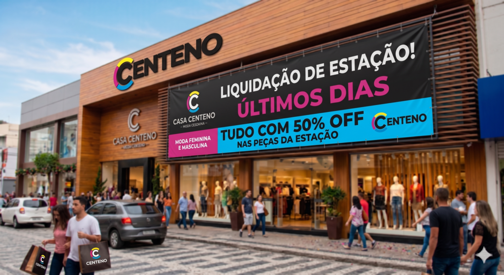 Fachada da loja de roupas Casa Centeno com uma grande faixa promocional preta e azul na parte superior. A faixa exibe em destaque os textos "LIQUIDAÇÃO DE ESTAÇÃO!" em branco, "ÚLTIMOS DIAS" em rosa e "TUDO COM 50% OFF NAS PEÇAS DA ESTAÇÃO" em letras pretas. O novo logotipo colorido da Centeno (com as cores ciano, magenta e amarelo) aparece na ponta direita da faixa, em um letreiro tridimensional no topo da loja e nas sacolas de compras levadas por pedestres na calçada movimentada.