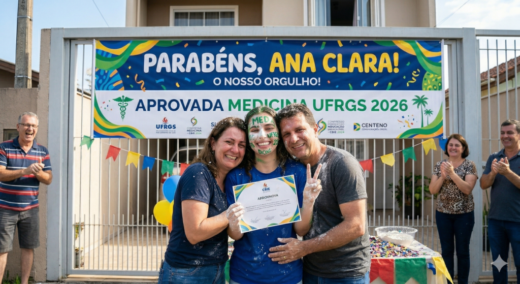 Uma jovem sorridente, com o rosto pintado de verde e coberta de farinha, comemora sua aprovação no vestibular abraçada aos pais em frente ao portão de uma casa. Ela segura um certificado escrito "Aprovada". Atrás deles, há uma grande faixa colorida fixada nas cores azul, verde e amarelo onde se lê: "PARABÉNS, ANA CLARA! O NOSSO ORGULHO! APROVADA MEDICINA UFRGS 2026". Vizinhos e familiares aparecem ao fundo aplaudindo a conquista.