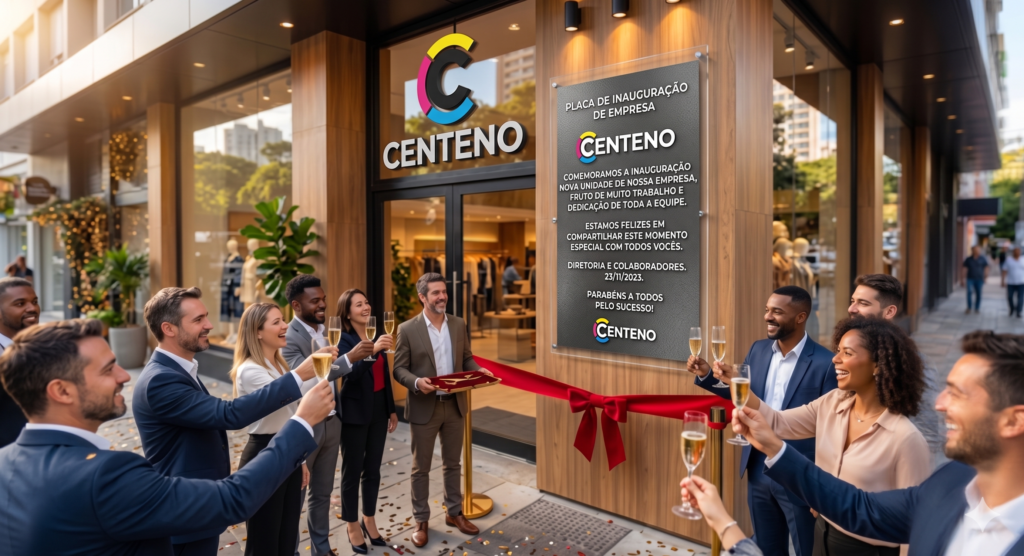 Grupo de empresários e colaboradores com trajes formais celebra em frente a uma loja moderna com fachada de madeira. Eles brindam com taças de espumante e cortam uma fita vermelha de inauguração. Ao fundo, a fachada exibe a logo colorida (ciano, magenta, amarelo e preto) da marca "Centeno" e uma grande placa de inauguração metálica detalhando a abertura da nova unidade da empresa.