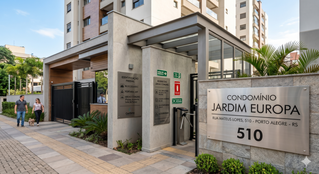Fachada da portaria de um condomínio residencial moderno exibindo um conjunto de placas de sinalização em inox escovado padronizadas pela Centeno. À direita, destaca-se a placa principal de identificação predial com o nome "Condomínio Jardim Europa", o endereço "Rua Mateus Lopes, 510 - Porto Alegre - RS" e o número 510 em destaque. Ao centro, fixadas na parede de concreto, há placas de identificação de blocos e regras das áreas comuns. Ao fundo, aparecem placas verdes e vermelhas de sinalização de segurança obrigatória e de emergência, além de um casal caminhando com um cachorro na calçada.