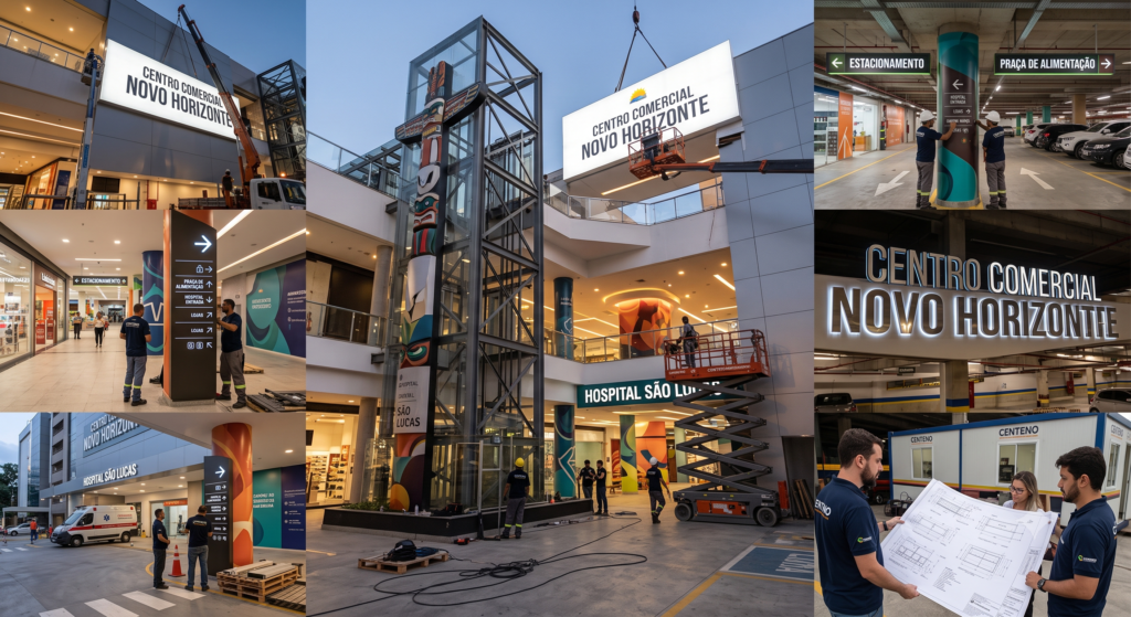 Colagem mostrando diferentes etapas de um projeto especial de comunicação visual, incluindo técnicos analisando plantas, instalação de grande painel com guindaste e totens de sinalização interna em um centro comercial e hospitalar.