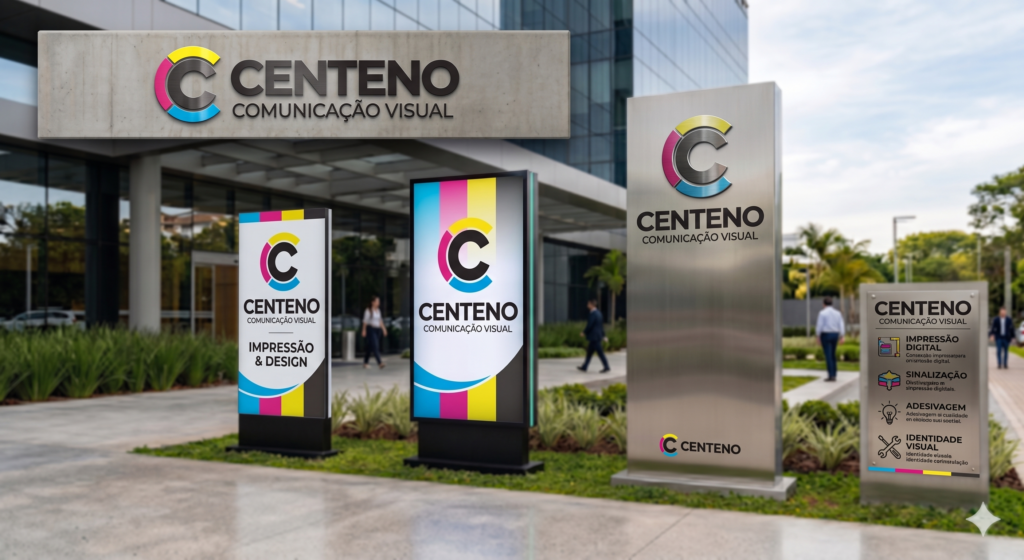 Totem luminoso vertical instalado na calçada em frente a uma empresa, exibindo estrutura em ACM preta e iluminação LED interna destacando o logotipo.