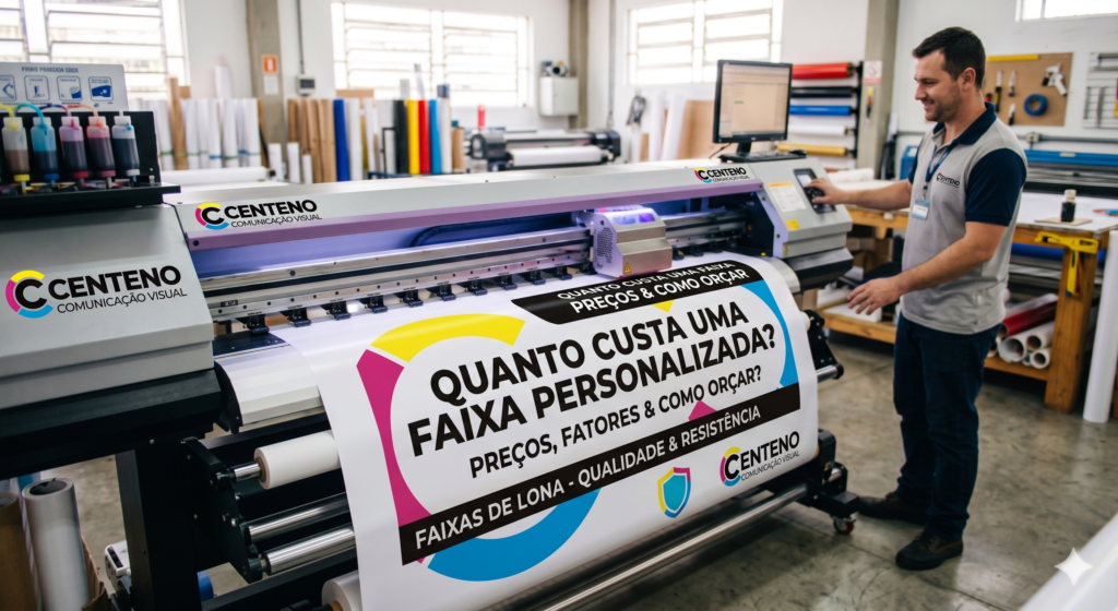 Ambiente interno da produção da Centeno Comunicação Visual com uma impressora plotter de grande formato em funcionamento. Um operador de camiseta cinza e gola polo azul escuro sorri enquanto opera o painel digital da máquina. Na plotter, está sendo impressa uma grande faixa de lona branca com detalhes nas cores da marca (ciano, magenta e amarelo) exibindo em letras pretas os títulos "QUANTO CUSTA UMA FAIXA PERSONALIZADA?", "PREÇOS, FATORES & COMO ORÇAR?" e "FAIXAS DE LONA - QUALIDADE & RESISTÊNCIA". A nova identidade visual com o logotipo colorido da Centeno está aplicada na carenagem esquerda da impressora e na própria faixa.