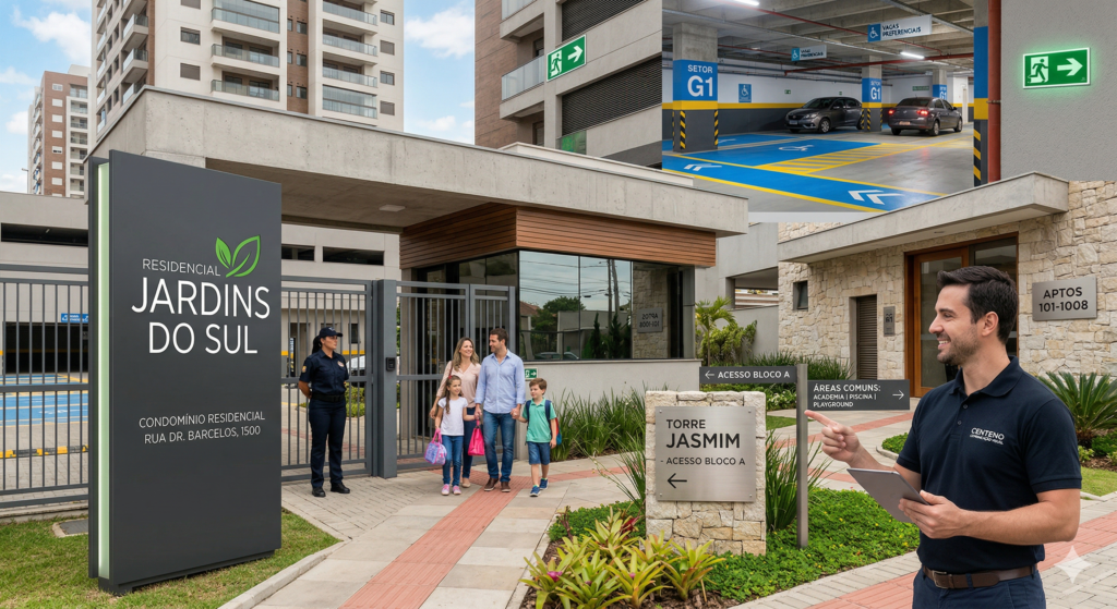 Fotografia da fachada de um condomínio residencial moderno durante o dia. Em destaque na entrada, há um totem vertical de identificação estruturado em ACM cinza-escuro. Na parte superior do totem, está recortado e iluminado o nome do empreendimento "Residencial Jardins", acompanhado pelo logotipo e pela numeração predial em letras de inox escovado na cor prata. Ao fundo, vê-se a guarita de vidro e o portão de acesso de veículos.