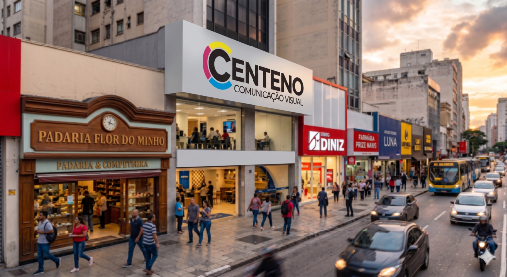 Fachada comercial urbana durante o entardecer, destacando uma testeira de loja moderna e robusta feita em ACM na cor branca. Sobre o painel horizontal, está aplicada a marca "Centeno Comunicação Visual" com seu logotipo circular nas cores ciano, magenta e amarelo (CMYK). A loja possui amplas vitrines de vidro que revelam o interior iluminado com escritórios. A calçada movimentada exibe pedestres caminhando e carros transitando na avenida ao lado.