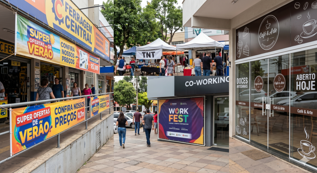 Colagem de quatro fotos que exemplificam os tipos de faixas comerciais descritas no texto. À esquerda, a fachada e a grade de uma ferragem com faixas de lona coloridas escritas "Super Ofertas de Verão". No topo ao centro, uma feira ao ar livre com uma faixa de TNT sob uma tenda branca. Abaixo, na calçada de um co-working, uma grande faixa de tecido esticada para o evento "Work Fest". À direita, a vitrine de vidro de uma cafeteria decorada com faixas de vinil adesivo marrom e branco escritas "Doces Artesanais" e "Aberto Hoje".