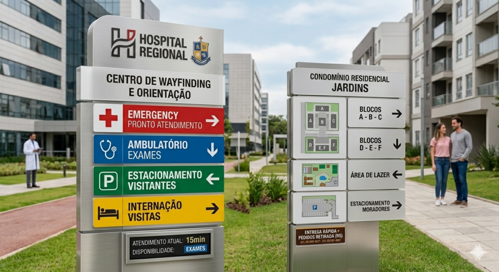 Fotografia de um totem direcional vertical em um ambiente externo com jardim. A estrutura possui fundo cinza-escuro e traz o logotipo da Centeno Comunicação Visual no topo. Abaixo, há setas indicativas brancas apontando para a esquerda e para a direita, orientando os caminhos para "Bloco A", "Bloco B", "Recepção", "Estacionamento" e "Pronto Atendimento".