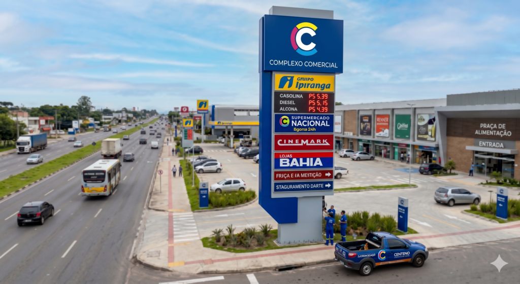 Totem pylon azul de grande porte de um complexo comercial à beira de uma rodovia movimentada, exibindo o logotipo da marca com a letra C colorida no topo e painéis de marcas parceiras como Posto Ipiranga, Supermercado Nacional, Cinemark e Lojas Bahia.