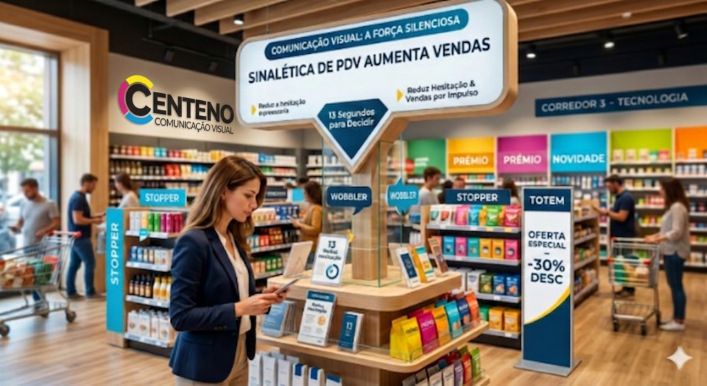 Mulher a olhar para produtos numa loja moderna com sinalética de ponto de venda da Centeno Comunicação Visual, incluindo stoppers, wobblers e um totem promocional.
