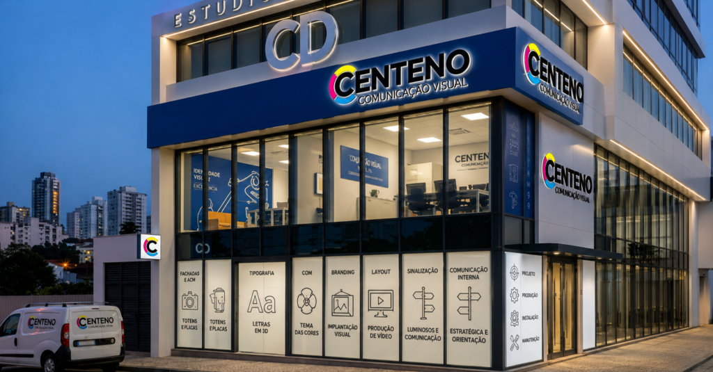 Fachada moderna da Centeno Comunicação Visual em prédio comercial de esquina, com fachada envidraçada, letreiros luminosos, identidade visual em azul e branco e iluminação noturna.