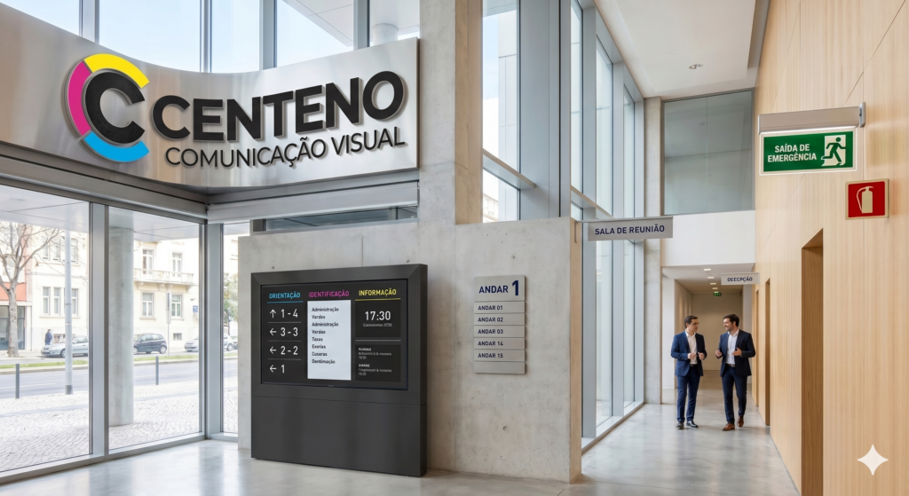 Receção de uma empresa moderna com um grande letreiro metálico na parede curva escrito "Centeno Comunicação Visual" ao lado de um logótipo em forma de "C" nas cores amarelo, magenta e ciano. Em primeiro plano, um totem digital preto com informações de diretório escritas em tons coloridos. Ao fundo, dois homens de fato caminham por um corredor iluminado com paredes de madeira.