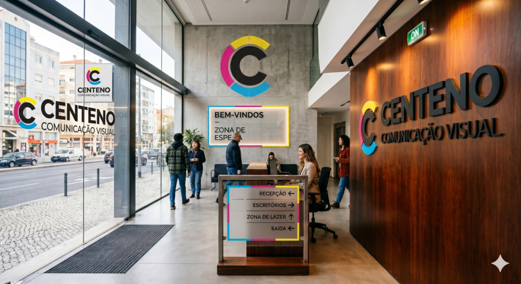 Perspectiva digital de uma fachada comercial moderna feita com placas de ACM na cor preto grafite. No topo da estrutura, destaca-se o logotipo da Centeno Comunicação Visual com letras em relevo e um arco colorido nas cores ciano, magenta e amarelo. A fachada possui portas de vidro automáticas e grandes vitrines térreas.