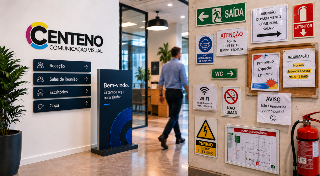 Imagem dividida que exemplifica o antes e depois da sinalética empresarial. À esquerda, a parede da "Centeno Comunicação Visual" mostra uma sinalética corporativa profissional, minimalista e consistente em tons escuros. À direita, uma parede caótica repleta de folhas A4 improvisadas, cartazes desalinhados com excesso de texto e placas de segurança misturadas sem qualquer critério visual, ilustrando os erros comuns de comunicação visual nas empresas.