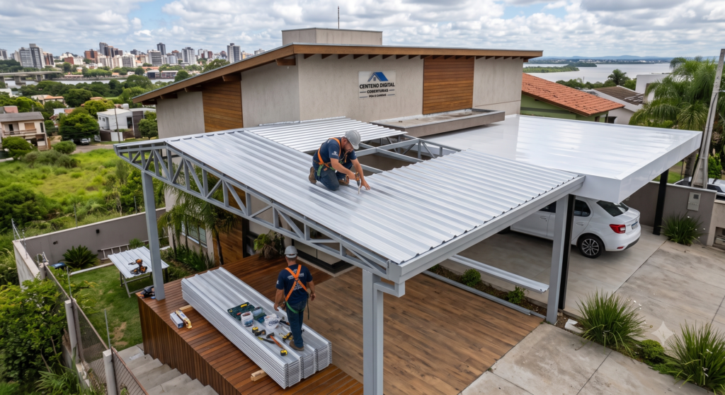 Vista aérea de trabalhadores da Centeno Digital instalando uma cobertura de alumínio sobre uma estrutura metálica cinza na garagem de uma residência moderna. Um dos profissionais fixa as telhas de alumínio onduladas claras no teto, enquanto o outro acompanha do chão de madeira.