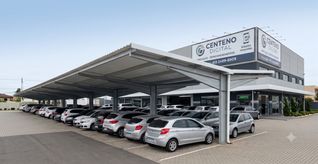 Estrutura metálica cinza em balanço servindo de cobertura para estacionamento comercial com vários carros estacionados abaixo, em frente ao prédio da Centeno Digital.
