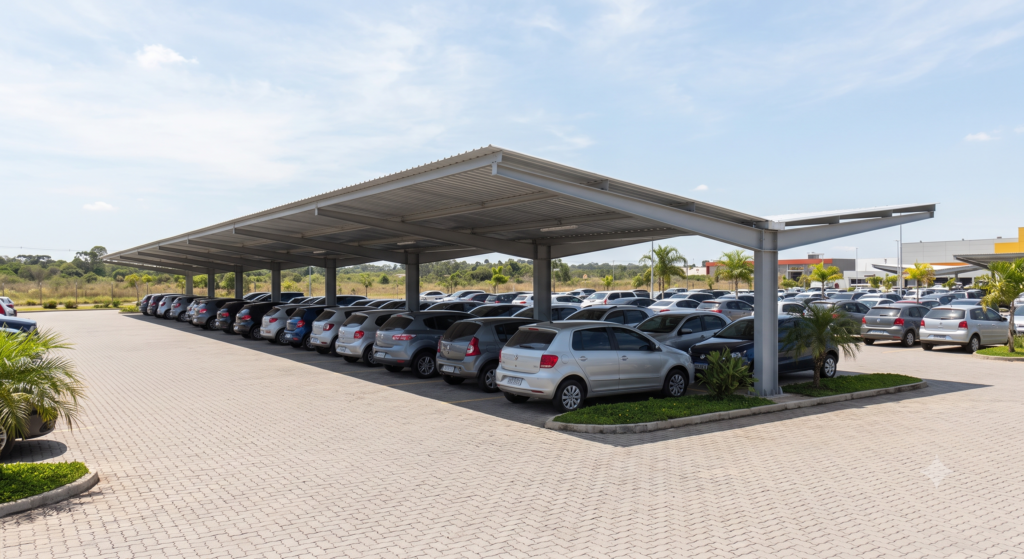 Estacionamento ao ar livre com carros estacionados sob uma grande cobertura metálica cinza de estrutura reforçada, em um dia ensolarado.