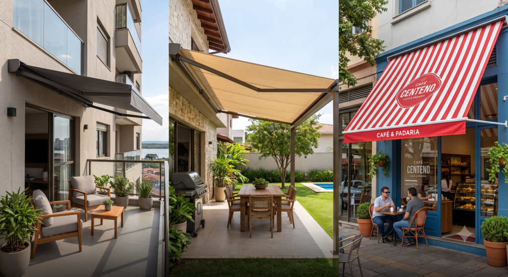 Uma imagem dividida em três partes verticais mostrando diferentes aplicações de toldos. À esquerda, uma varanda de apartamento moderna com um toldo retrátil cinza-escuro sobre poltronas. Ao centro, um quintal residencial com jardim, piscina ao fundo e um amplo toldo articulado bege cobrindo uma mesa de jantar de madeira. À direita, a fachada de uma padaria e cafeteria charmosa com paredes azuis e um toldo retrátil listrado em vermelho e branco com a marca "Café Centeno".