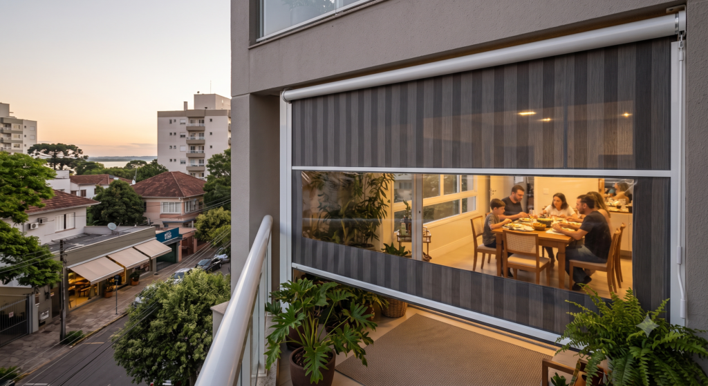Cortina de lona retrátil cinza-escuro instalada na sacada de um apartamento em Porto Alegre, com um amplo visor de PVC transparente que permite ver uma família reunida em uma área gourmet bem iluminada.