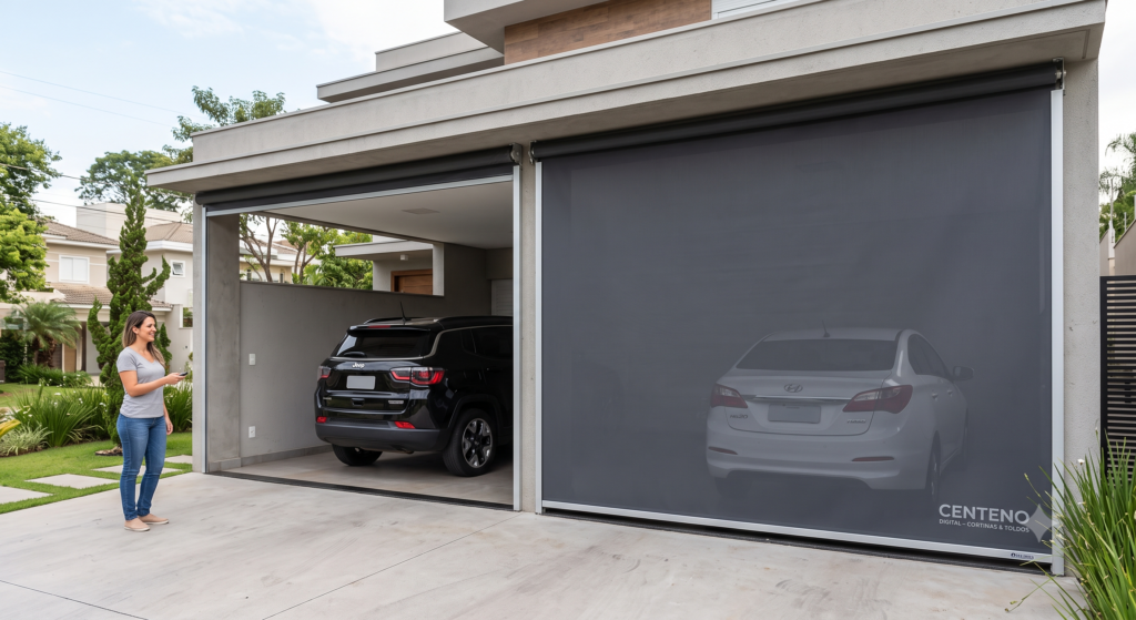 Uma mulher em frente a uma garagem residencial moderna de duas vagas aciona por controle remoto uma cortina de lona retrátil na cor cinza-escura. Uma das vagas está aberta, mostrando a traseira de um carro preto, enquanto a outra vaga está fechada pela lona, que exibe discretamente a marca "Centeno Digital - Cortinas & Toldos" no canto inferior.