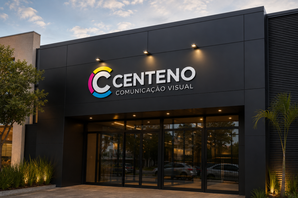 Fachada de prédio comercial em ACM preto com letreiro luminoso da Centeno Comunicação Visual