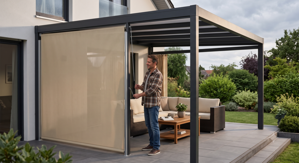 Homem acionando manualmente uma cortina de lona retrátil de cor bege clara, instalada na lateral de um pergolado moderno de alumínio cinza-escuro. O pergolado cobre uma área de estar externa com sofá de vime e mesa de centro de madeira em um quintal gramado ao lado de uma casa branca.