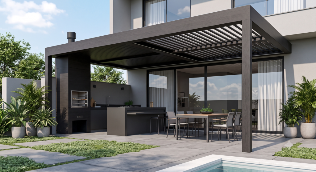 Uma área de lazer externa moderna com uma estrutura de pergolado preto sobre uma mesa de jantar e uma cozinha externa completa com churrasqueira.