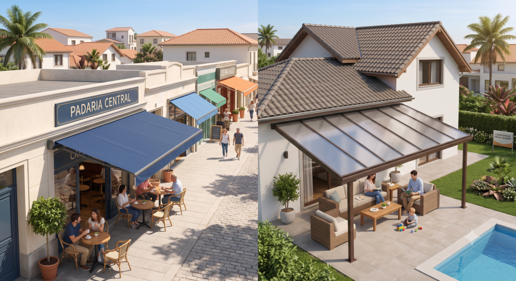 Imagem dividida ao meio de forma comparativa. No lado esquerdo, a fachada de uma padaria com um toldo retrátil azul cobrindo mesas e cadeiras na calçada. No lado direito, os fundos de uma casa moderna com um toldo fixo de policarbonato translúcido cobrindo a varanda com sofás ao lado da piscina.