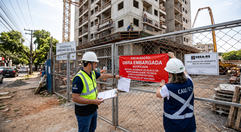 Dois fiscais (um do CREA-RS e uma do CAU/RS) trabalhando na frente de um canteiro de obras de prédio residencial. Eles fixam uma faixa vermelha de "OBRA EMBARGADA por ausência de placa de responsabilidade técnica" na grade de proteção.