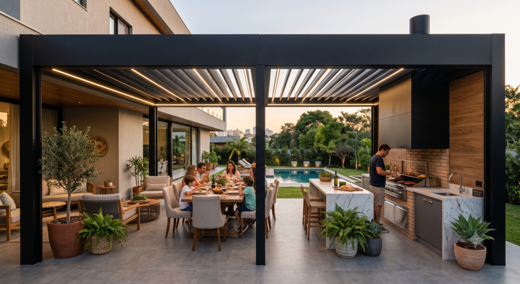 Área gourmet externa moderna com um grande pergolado de ACM preto equipado com iluminação em LED embutida. Sob a estrutura, uma família está reunida almoçando em uma mesa de madeira, enquanto um homem prepara um churrasco na bancada de mármore integrada. Ao fundo, é possível ver um jardim gramado com piscina e o restante da residência contemporânea.