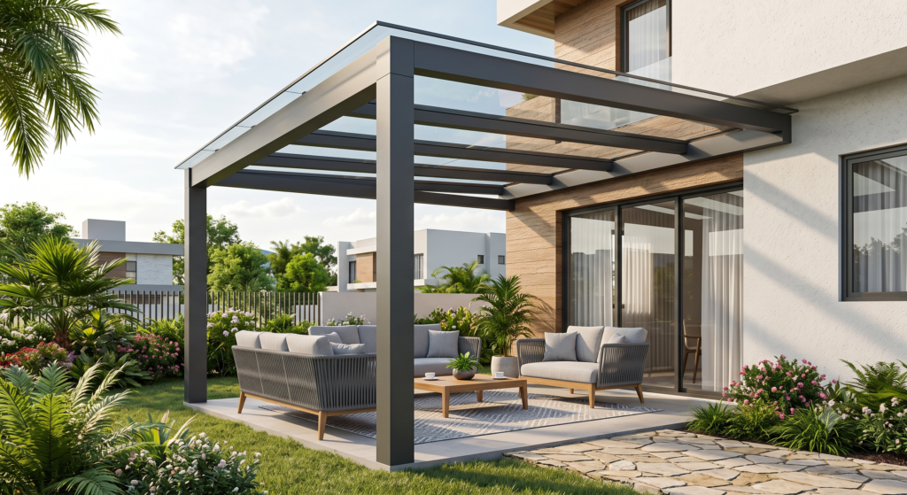 Uma área de estar externa moderna sob uma cobertura de pérgula de alumínio cinza escuro com teto de vidro. O espaço mobiliado fica em um jardim bem cuidado ao lado de uma casa contemporânea.